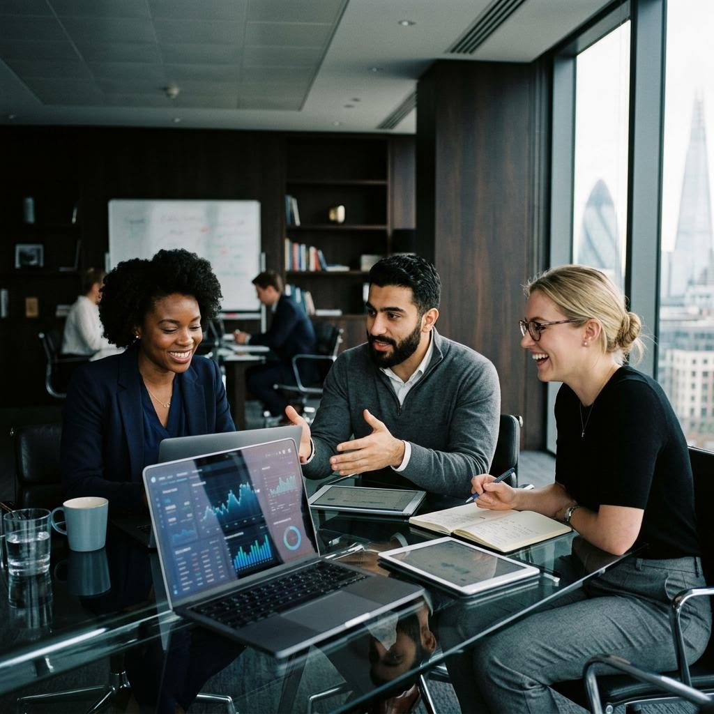Ingénieurs et analystes financiers de Patrimoine Pulse collaborant dans une salle de contrôle moderne